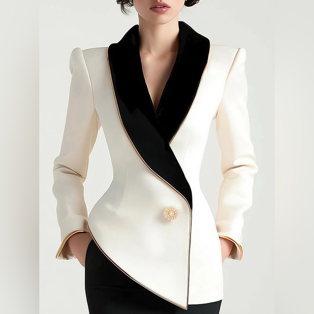 NEW Elegant Off-White & Black Blazer w/ Gold Trim, Asymmetrical, Size L (12)
